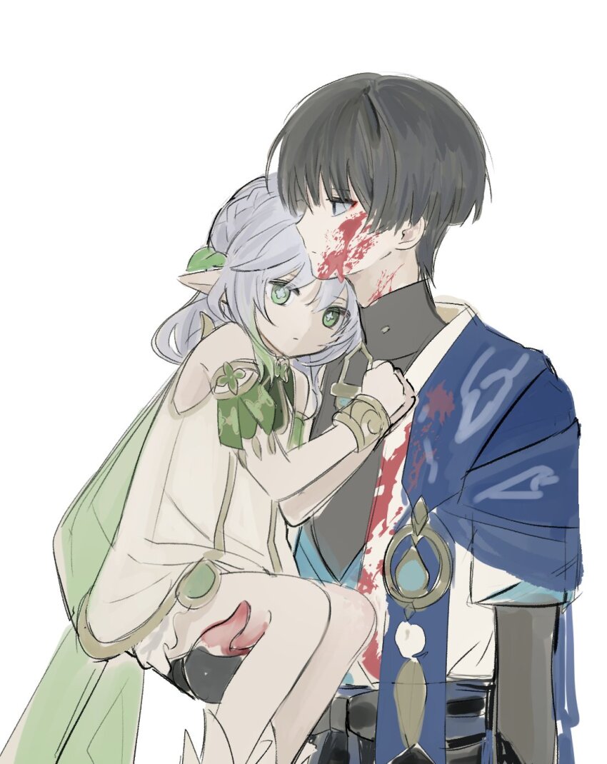 1boy 1girl arm_at_side armlet bare_shoulders belt black_belt black_bow black_bridal_gauntlets black_eyes black_hair blood blood_on_clothes blood_on_face blood_on_hands bloomers blue_cape blue_kimono blue_sleeves blunt_ends bodysuit bow bracelet bridal_gauntlets bright_pupils cape carrying carrying_person clenched_hands closed_mouth covered_collarbone cross-shaped_pupils detached_sleeves dress expressionless feathers gem genshin_impact gold gold_trim green_cape green_eyes green_sleeves grey_gemstone grey_hair hair_ornament half_crown_braid han&#039;eri hand_on_another&#039;s_thigh hands_on_another&#039;s_chest head_on_another&#039;s_shoulder highres japanese_clothes jewelry kimono kocokooo layered_kimono layered_sleeves leaf leaf_hair_ornament looking_past_viewer looking_to_the_side nahida_(genshin_impact) open_clothes open_kimono pointy_ears pom_pom_(clothes) purple_sash sash scaramouche_(genshin_impact) short_sleeves sketch symbol-shaped_pupils thigh_grab turtleneck turtleneck_bodysuit underwear wanderer_(genshin_impact) white_background white_bloomers white_dress white_footwear white_kimono white_pupils white_sleeves white_trim yellow_feathers