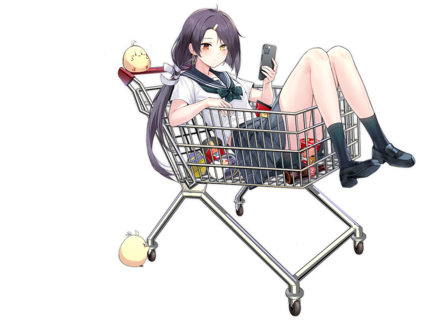 1girl asymmetrical_hair azur_lane bare_legs bike_shorts black_hair black_shoes black_socks blue_sailor_collar bow bowtie cassin_(azur_lane) cassin_(shopping_carte_blanche)_(azur_lane) cellphone closed_mouth cross cross_earrings earrings green_bow green_bowtie hair_ornament hairpin heterochromia highres holding holding_phone in_shopping_cart jewelry loafers long_hair looking_at_phone low_ponytail manjuu_(azur_lane) miniskirt mole mole_under_eye official_alternate_costume official_art ootsuki_momiji phone plaid_clothes plaid_skirt pleated_skirt ponytail red_eyes sailor_collar school_uniform serafuku shirt shoes shopping_cart short_shorts short_sleeves shorts shorts_under_skirt skirt smartphone smile socks solo transparent_background white_shirt yellow_eyes