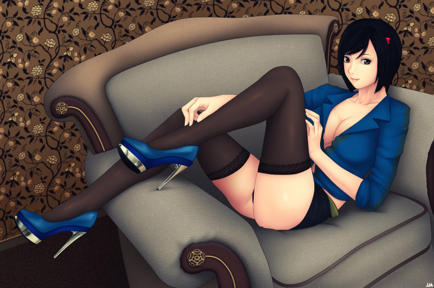 1girl black_hair breasts brown_eyes chair cleavage female_focus hair_ornament hairclip high_heels khalitzburg_(user_2274420) lace lace-trimmed_legwear lace_trim legs original panties pantyshot shoes short_hair sitting skirt sleeves_rolled_up smile solo thighhighs underwear upskirt