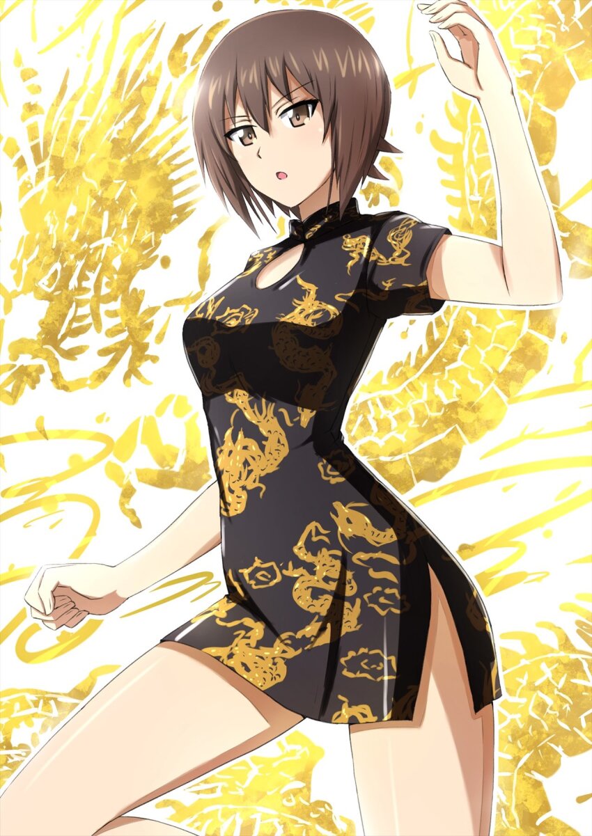 1girl alternate_costume black_dress brown_eyes brown_hair china_dress chinese_clothes commentary dragon_print dress fighting_stance girls_und_panzer highres looking_at_viewer nishizumi_maho omachi_(slabco) open_mouth original print_background print_dress short_dress short_hair short_sleeves side_slit solo standing
