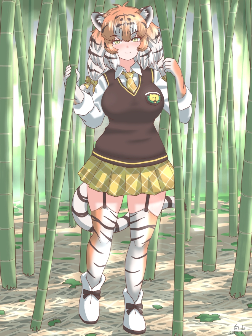 1girl animal_ears animal_print bamboo bamboo_forest blush boots brown_hair brown_vest collared_shirt elbow_gloves forest fur_collar garter_straps gloves hair_between_eyes highres kemono_friends long_hair long_sleeves mukouyama_mu multicolored_hair nature necktie orange_hair plaid_clothes plaid_necktie plaid_skirt pleated_skirt print_gloves print_thighhighs shirt siberian_tiger_(kemono_friends) sidelocks skirt smile solo tail thighhighs tiger_ears tiger_girl tiger_print tiger_tail twintails vest white_boots white_hair white_shirt yellow_eyes yellow_necktie yellow_skirt zettai_ryouiki
