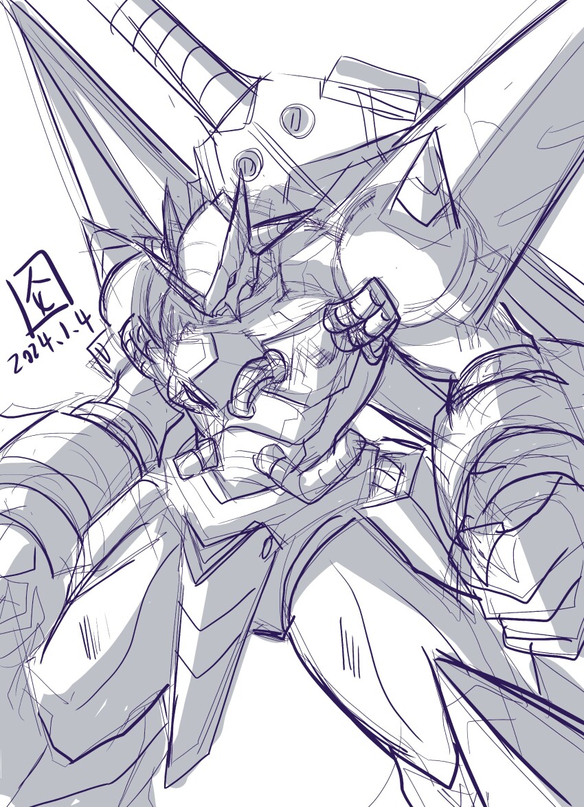 absurdres armor cable digimon digimon_(creature) highres monochrome muscular muscular_male sword victorygreymon weapon