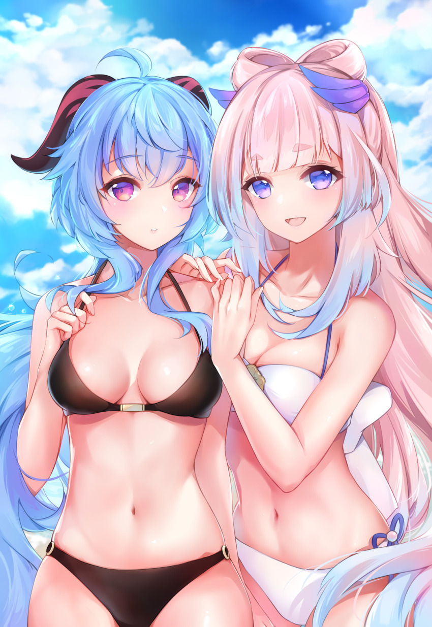 2girls bikini black_bikini blue_hair breasts cleavage ganyu_(genshin_impact) genshin_impact highres horns long_hair looking_at_viewer medium_breasts multiple_girls nia nia_(leafunia) outdoors pink_hair ponytail purple_eyes sangonomiya_kokomi swimsuit white_bikini