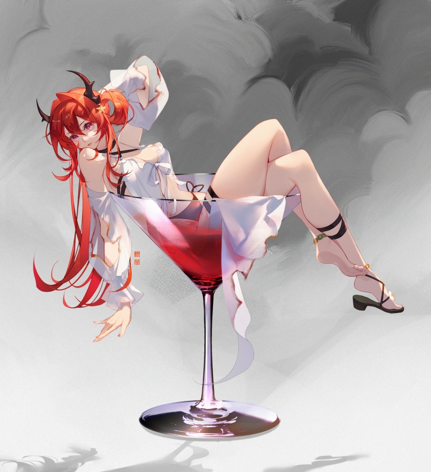 1girl absurdres alcohol arknights arm_behind_head arm_cutout arm_up black_sandals breasts brown_horns chinese_commentary commentary_request crossed_legs cup danzhuangnongmozongxiangyi013 detached_sleeves drink drinking_glass full_body hair_between_eyes hair_intakes highres horns long_hair long_sleeves looking_at_viewer medium_breasts mini_person minigirl official_alternate_costume pink_eyes red_hair right_shoe_removed sandals single_bare_foot single_sandal solo surtr_(arknights) surtr_(colorful_wonderland)_(arknights) swimsuit_cover-up white_sleeves wine