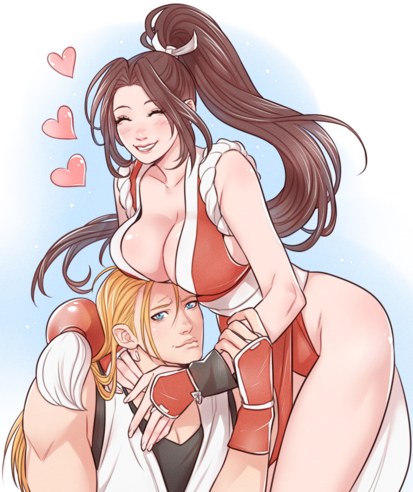 1boy 1girl andy_bogard bare_legs bare_shoulders black_undershirt blonde_hair blue_eyes blush breast_press breast_rest breasts breasts_on_head brown_hair cleavage closed_eyes closed_mouth collarbone commentary couple crylin6 dougi facing_viewer fatal_fury feet_out_of_frame fingerless_gloves gloves gradient_background hair_ornament hand_on_another&#039;s_arm hand_on_another&#039;s_neck heart high_ponytail highres large_breasts long_hair looking_at_viewer ninja parted_bangs parted_lips ponytail revealing_clothes rope sash shiranui_mai smile the_king_of_fighters thighs upper_body