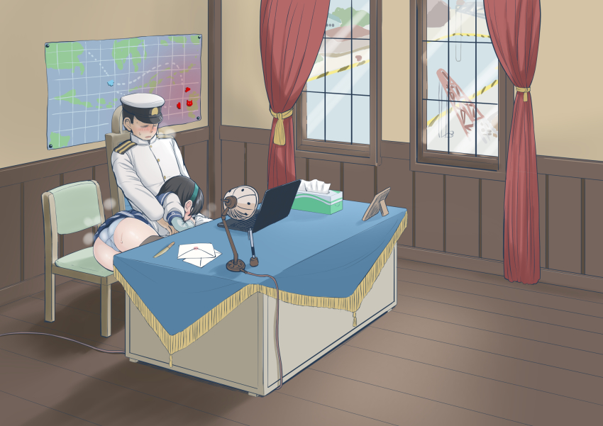 1boy 1girl admiral_(kancolle) ass black_hair blue_skirt chair computer crane_(machine) desk fellatio green_hairband hairband hat hetero highres indoors kantai_collection laptop long_hair long_sleeves map military military_uniform mimofu_(fullhighkick) miniskirt naval_uniform ooyodo_(kancolle) oral panties peaked_cap pleated_skirt school_uniform serafuku skirt speech_bubble thighhighs tissue_box translated underwear window wooden_floor