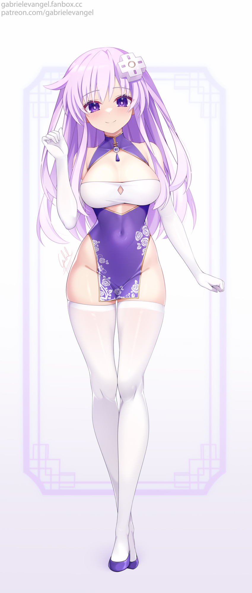 1girl absurdres artist_name bare_shoulders blush breasts choujigen_game_neptune cleavage closed_mouth commentary covered_navel d-pad d-pad_hair_ornament dress elbow_gloves english_commentary full_body gabriel_evangel gloves groin hair_ornament hand_up highres large_breasts long_hair looking_at_viewer nepgear neptune_(series) no_panties pink_hair purple_dress purple_eyes signature skindentation sleeveless sleeveless_dress smile solo standing tassel thighhighs very_long_hair watermark web_address white_background white_gloves white_thighhighs