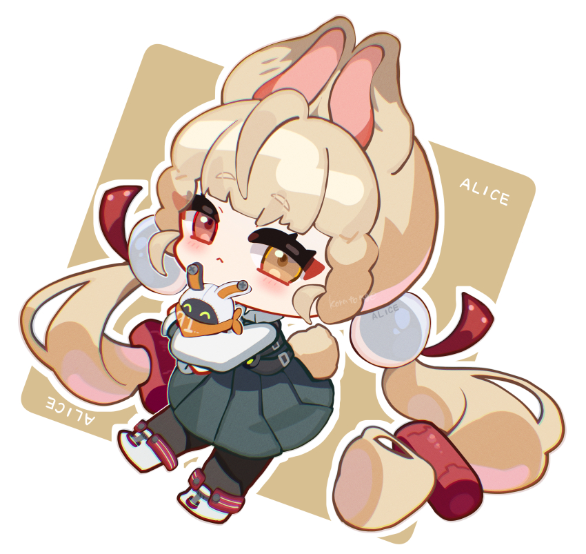 1girl :&lt; absurdres alice_thymefield animal_ears bangboo_(zenless_zone_zero) black_pantyhose blonde_hair character_name chibi commentary_request eous_(zenless_zone_zero) green_skirt heterochromia highres hug long_hair long_sleeves looking_at_viewer pantyhose pleated_skirt rabbit_ears rabbit_girl red_eyes shirt shoes simple_background skirt sphere_hair_ornament square twintails user_ghma7852 white_shirt white_shoes yellow_eyes zenless_zone_zero