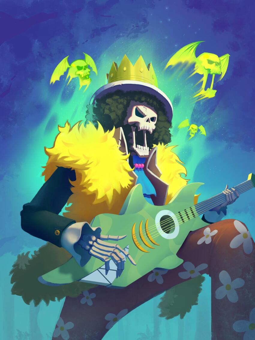 1boy absurdres afro ascot black_hair blue_ascot brook_(one_piece) commentary crown_hat electric_guitar english_commentary frilled_sleeves frills ghost guitar hat highres holding holding_guitar holding_instrument instrument long_sleeves male_focus music one_piece open_mouth playing_guitar playing_instrument skeleton solo teeth wern7r