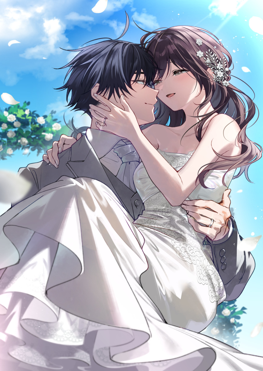 1boy 1girl :d ahoge arch ascot bare_arms bare_shoulders black_hair blue_sky blurry blurry_foreground breasts bride brown_eyes brown_hair carrying closed_mouth cloud cloudy_sky collarbone collared_shirt commentary_request couple day depth_of_field dress dress_shirt eye_contact face-to-face falling_petals fingernails floral_arch flower formal_clothes glint grey_ascot grey_eyes grey_jacket grey_nails grey_suit grey_vest groom hair_flower hair_ornament half-closed_eyes hand_on_another&#039;s_face hand_on_another&#039;s_waist hetero highres husband_and_wife ichihara_chihiro jacket jewelry kajikawa_saki kyapefuro lace lace-trimmed_dress lace_trim large_breasts layered_dress long_dress long_hair long_sleeves looking_at_another milestone_celebration nail_polish necktie open_mouth outdoors parted_lips petals princess_carry ring sefri_no_ichihara_ga_nigashite_kurenai shirt short_hair sidelighting sky smile strapless strapless_dress suit suit_jacket sunlight unmoving_pattern upper_body very_short_hair vest waistcoat wedding wedding_dress wedding_ring white_dress white_flower white_petals white_shirt wing_collar