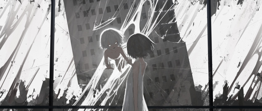 1boy 1girl absurdres against_glass black_hair building commentary_request dress facing_away glowing glowing_eyes halo hand_on_glass highres indoors looking_at_another medium_hair nude open_mouth original short_hair slime_(substance) susudust tilted_halo white_dress white_eyes white_hair white_halo window