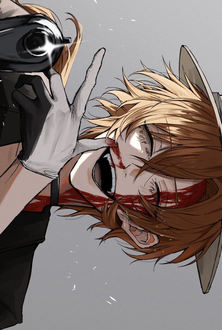 1boy black_gloves black_headwear black_jacket black_suit blood blood_on_face blood_on_hands bungou_stray_dogs closed_eyes fang formal_clothes gloves grey_background gun hair_between_eyes highres holding holding_gun holding_weapon jacket laughing lie_nnn mafia male_focus nakahara_chuuya open_mouth orange_hair portrait simple_background solo suit teeth veins weapon