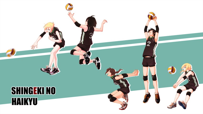5girls annie_leonhart ball elbow_pads gym_uniform hak_(fox0179) jumping knee_pads krista_lenz md5_mismatch mikasa_ackerman motion_blur multiple_girls parody parody_request playing_sports sasha_blouse shingeki_no_kyojin shoes spiking volleyball volleyball_(object) ymir_(shingeki_no_kyojin)