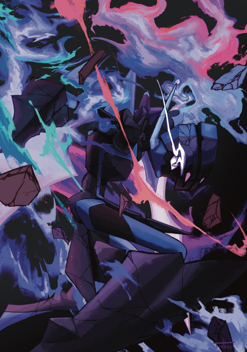 absurdres arm_blade armor blue_fire ceruledge eye_trail fiery_hair fire highres light_trail nintendo pokemon pokemon_(creature) purple_armor purple_eyes purple_fire purple_hair riotono_0643 solo sword weapon