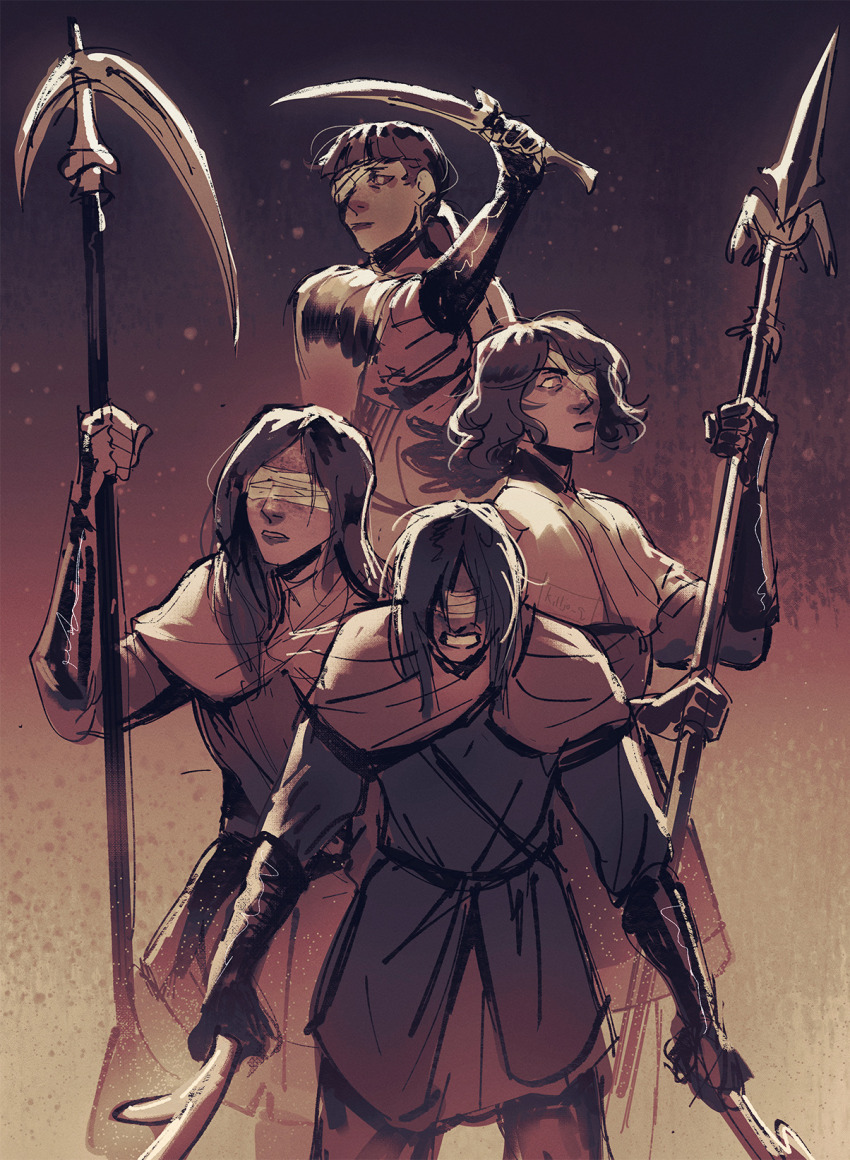 4girls amy,_third_sister_(elden_ring) blind blindfold commentary dual_wielding elden_ring english_commentary highres holding holding_knife holding_polearm holding_scythe holding_staff holding_weapon killjo-q knife lance long_hair mary,_eldest_sister_(elden_ring) maureen,_second_sister_(elden_ring) medium_hair multiple_girls one-eyed polearm polyanna,_youngest_sister_(elden_ring) ponytail scythe spear staff twin_blades weapon