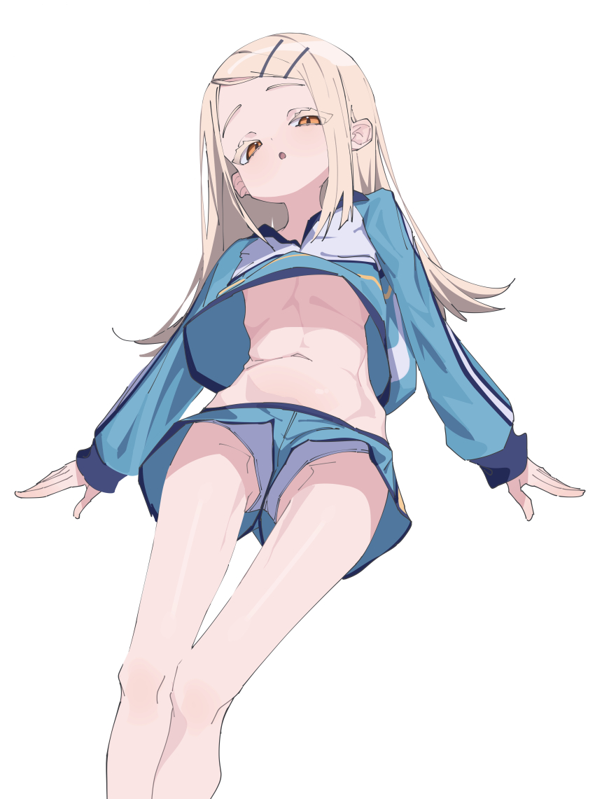 1girl absurdres blue_jacket blue_panties blue_shorts gakuen_idolmaster hair_ornament hairclip highres idolmaster jacket long_hair looking_at_viewer myakuro navel open_mouth panties shinosawa_hiro shorts simple_background solo underwear white_background white_hair yellow_eyes
