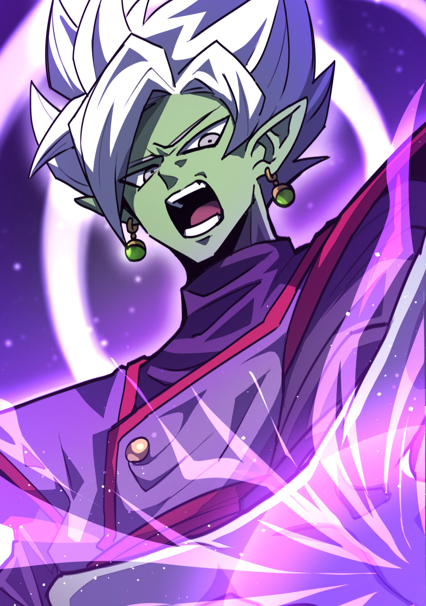 1boy absurdres black_bodysuit bodysuit colored_skin dragon_ball dragon_ball_super earrings energy fused_zamasu green_skin grey_eyes halo highres himazin100 jewelry long_sleeves looking_down open_mouth pointy_ears potara_earrings red_sash sash shouting solo spiked_hair teeth white_hair