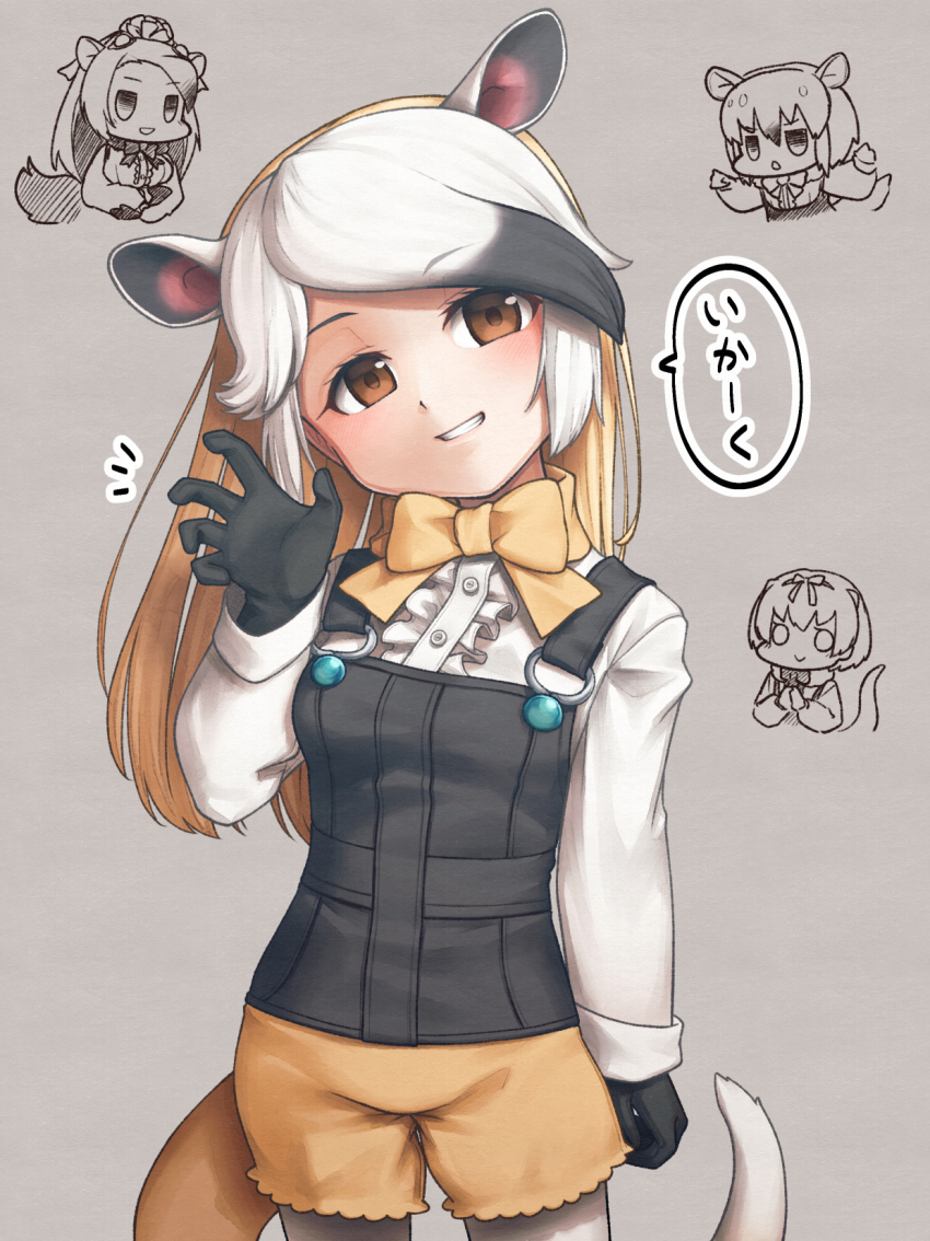 1girl anchan_january anteater_ears anteater_tail black_corset black_gloves black_hair blonde_hair blush bow bowtie center_frills chibi chibi_inset corset frills giant_anteater_(kemono_friends) gloves highres kemono_friends kemono_friends_3 long_hair long_sleeves multicolored_hair northern_tamandua_(kemono_friends) orange_bow orange_bowtie orange_eyes pantyhose shirt short_hair shorts sidelocks silky_anteater_(kemono_friends) smile solo southern_tamandua_(kemono_friends) translation_request waving white_hair white_pantyhose white_shirt yellow_shorts