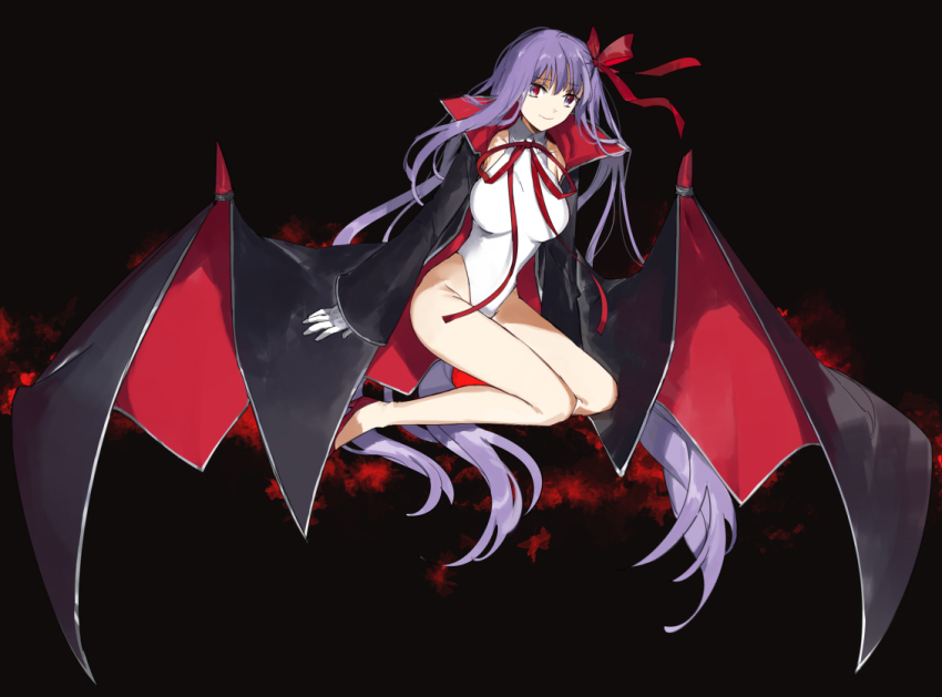 1girl bb_(fate) bb_(swimsuit_mooncancer)_(fate) bb_(swimsuit_mooncancer)_(third_ascension)_(fate) black_background black_coat breasts coat collared_leotard commentary_request fate/grand_order fate_(series) full_body gloves hair_ribbon high_heels highleg highleg_leotard kamei_(yamatomo24) leotard long_hair looking_at_viewer popped_collar purple_eyes purple_hair red_eyes red_ribbon red_shoes ribbon shoes simple_background smile solo very_long_hair white_gloves white_leotard