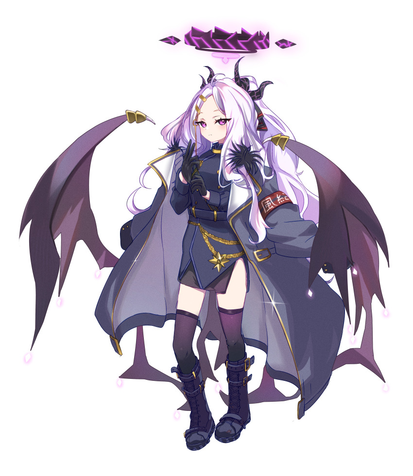 1girl absurdres ahoge armband black_boots black_coat black_halo black_skirt blue_archive blush boots breasts coat coat_on_shoulders demon_girl demon_horns demon_wings halo highres hina_(blue_archive) horns long_hair looking_at_viewer low_wings purple_eyes red_armband simple_background skirt small_breasts solo standing sw0ng white_background white_hair wings