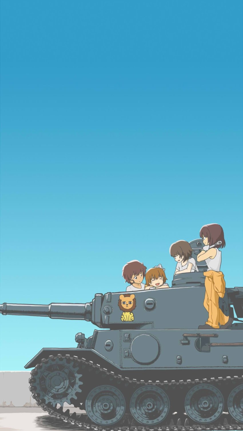 black_footwear blue_sky bob_cut brown_hair clear_sky closed_eyes closed_mouth clothes_around_waist commentary_request dark_skin day elbow_rest freckles girls_und_panzer gloves hand_on_another&#039;s_head heel_up highres holding holding_wrench hoshino_(girls_und_panzer) jumpsuit korosuke_xp leopon_(animal) long_sleeves mechanic military military_vehicle motor_vehicle nakajima_(girls_und_panzer) open_mouth orange_jumpsuit outdoors shirt shoes short_hair short_sleeves sky standing suzuki_(girls_und_panzer) t-shirt tank tank_top tiger_(p) tsuchiya_(girls_und_panzer) uniform white_gloves white_shirt wrench