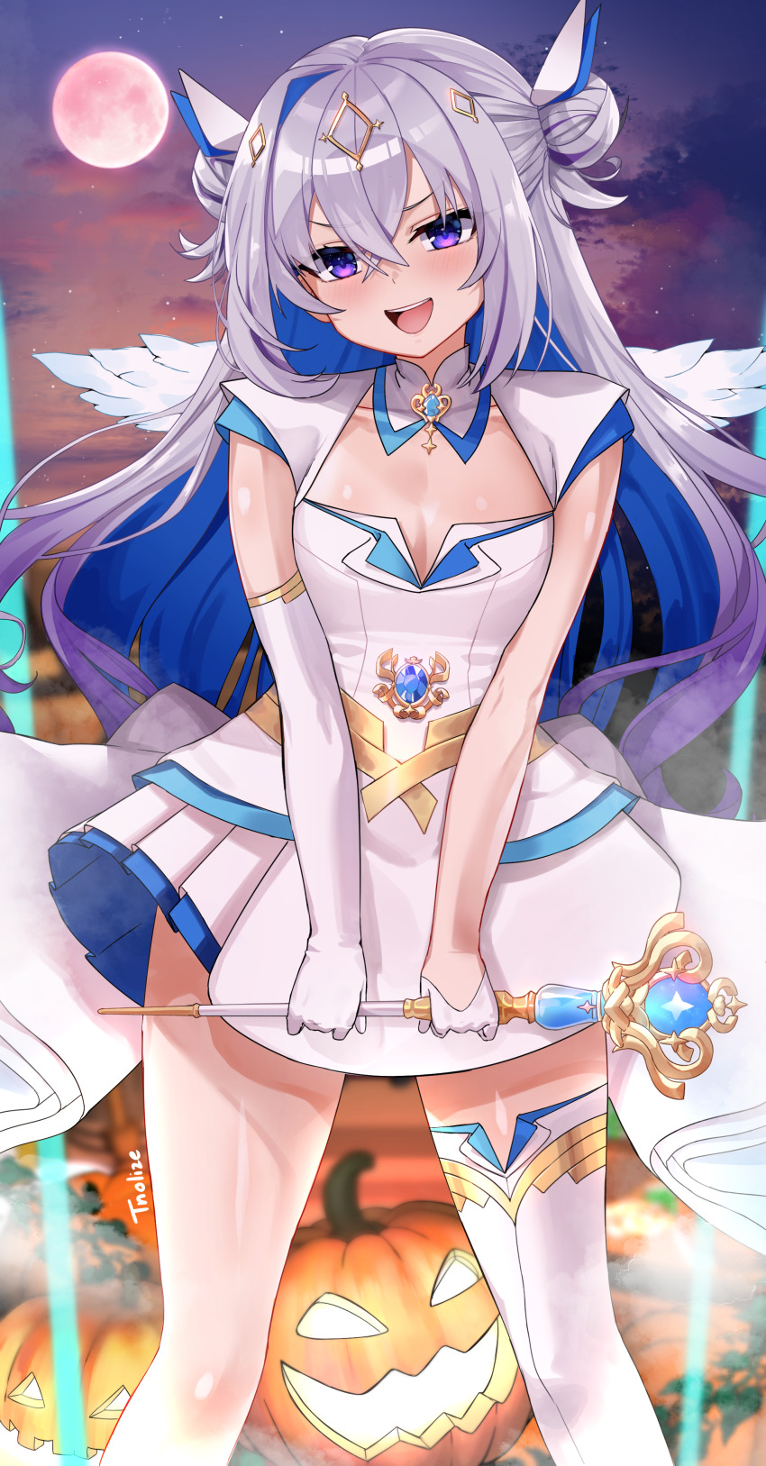 1girl :d absurdres alternate_costume amane_kanata angel angel_wings artist_name asymmetrical_gloves asymmetrical_legwear bilingual_commentary blue_hair breasts cleavage cloud colored_inner_hair commentary double_bun dress english_commentary feathered_wings frilled_skirt frills gem gloves grey_hair hair_between_eyes hair_bun hair_ornament halloween highres holding holding_staff hololive jack-o&#039;-lantern jewelry long_hair looking_at_viewer magical_girl mahou_shoujo_holowitch! mixed-language_commentary moon multicolored_hair open_mouth pumpkin purple_eyes skirt small_breasts smile solo staff tnolize virtual_youtuber white_dress white_gloves wings