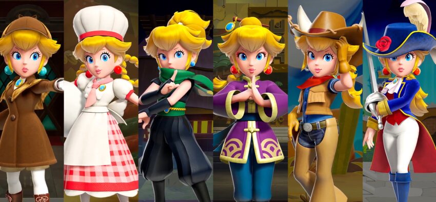 apron aristocratic_clothes boots braid braided_ponytail chef_hat chinese_clothes cow_horns cowboy_hat cowgirl_(western) cowgirl_peach deerstalker detective_peach earrings fake_horns gloves hair_ornament hat highres horned_headwear horns jewelry kuji-in kung_fu_peach looking_at_viewer mario_(series) neck_scarf neckerchief ninja ninja_peach nintendo official_art patissiere_peach ponytail princess_peach princess_peach:_showtime! sword swordfighter_peach vest weapon