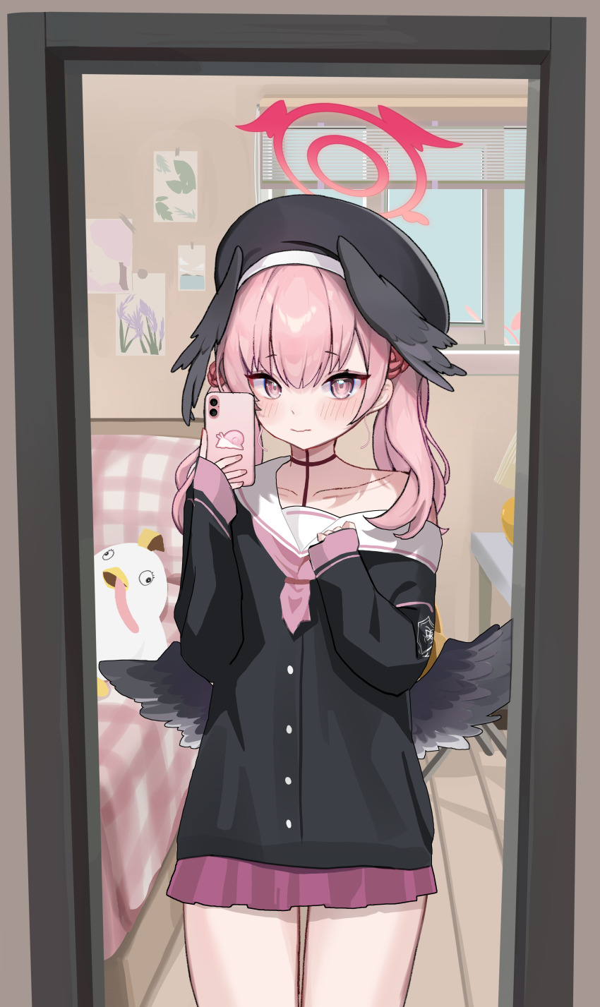 1girl absurdres black_jacket black_wings blue_archive blush cellphone feathered_wings hair_between_eyes halo head_wings highres holding holding_phone hyurumari jacket koharu_(blue_archive) light_smile long_hair looking_at_mirror looking_at_viewer low_wings mirror mirror_selfie neckerchief phone pink_eyes pink_hair pink_neckerchief pink_skirt red_halo sailor_collar sidelocks single_bare_shoulder single_off_shoulder skirt sleeves_past_wrists smartphone solo twintails white_sailor_collar wings