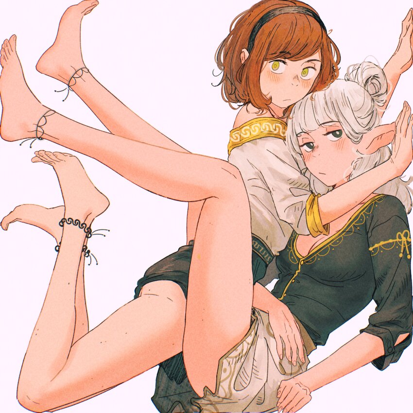 2girls :/ absurdres anklet asimov_(spindle_(aidenr0)) ass barefoot between_legs black_hairband blue_eyes blue_shirt blue_skirt blunt_bangs blush bob_cut body_freckles breasts bright_pupils brown_hair cleavage closed_mouth commentary couple elf embarrassed english_commentary expressionless face-to-face freckles from_side full_body gold_trim green_eyes hair_bun hairband half-closed_eyes heads_together highres jewelry kabedon long_sleeves looking_at_viewer looking_to_the_side loose_hair_strand meandros meandros_trim medium_breasts medium_hair miniskirt multiple_girls off-shoulder_shirt off_shoulder original ottilie_(spindle_(aidenr0)) person_between_thighs pointy_ears shirt short_hair_with_long_locks simple_background single_hair_bun skirt spindle_(aidenr0) stuck_in_a_box swept_bangs toes v-neck white_background white_pupils white_shirt white_skirt yuri