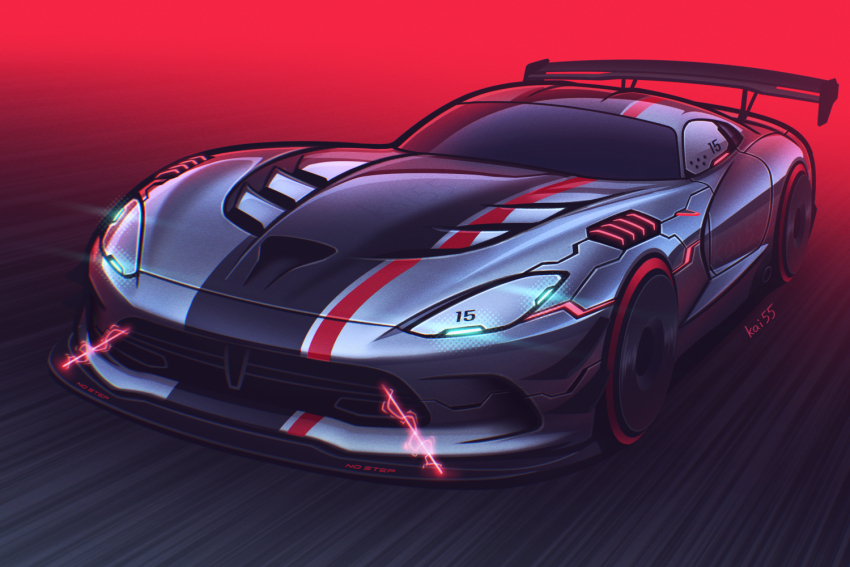 artist_name car commission cyberpunk dodge_(company) dodge_viper dodge_viper_acr electricity glowing grey_car kai55 light_trail motor_vehicle no_humans original science_fiction skeb_commission spoiler_(automobile) sports_car vehicle_focus