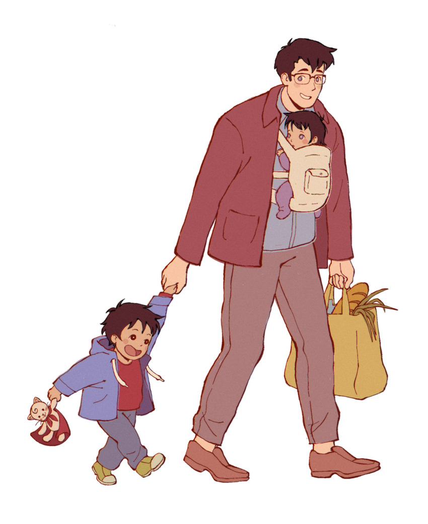 1girl 2boys baby babywearing bag baguette black_hair blazer blue_eyes blush_stickers bread brown_eyes child clark_kent d-e-r-i dark-skinned_female dark-skinned_male dark_skin dc_comics family food glasses highres holding_hands hood hoodie jacket jonathan_kent loafers multiple_boys my_adventures_with_superman onesie open_mouth pants shoes shopping_bag smile stuffed_animal stuffed_cat stuffed_toy superman_(series) walking white_background