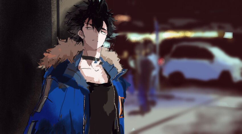 1boy absurdres against_wall aoyama_ryuusei arms_at_sides black_choker black_eyes black_hair black_shirt blue_jacket blurry blurry_background car choker closed_mouth commentary_request frown fur-trimmed_jacket fur_trim highres indoors jacket kabuyama_kaigi looking_to_the_side male_focus motor_vehicle open_clothes open_jacket parking_garage people serious shirt short_hair solo_focus spiked_hair upper_body voicevox