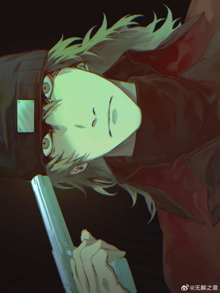 1boy aragaki_shinjirou beanie black_background black_shirt brown_hair closed_mouth coat commentary evoker gun gun_to_head hair_between_eyes handgun hat highres holding holding_gun holding_weapon long_hair looking_at_viewer male_focus nostrils persona persona_3 red_coat shirt sideways solo symbol-only_commentary weapon wujiezhiyi