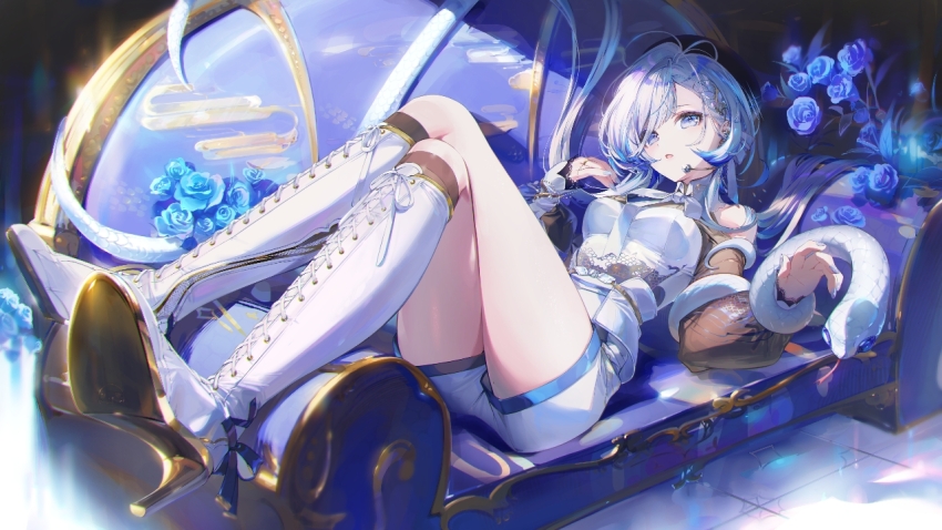 1girl a20_(atsumaru) blue_eyes boots character_request couch crossed_legs flower full_body hat high_heel_boots high_heels indie_virtual_youtuber knee_boots looking_at_viewer lying on_back parted_lips snake solo thighs virtual_youtuber white_boots white_hair white_snake