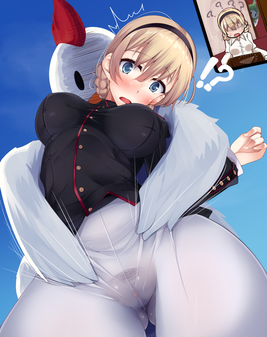 1girl ? blonde_hair blue_eyes blush braid breasts chicken_costume clothes_theft covered_erect_nipples day female_pubic_hair gluteal_fold hair_ornament hairband highres large_breasts military military_uniform multiple_views nksk no_panties noble_witches open_mouth pantyhose pubic_hair pussy rosalie_de_hemricourt_de_grunne see-through_clothes shiny_clothes shiny_skin sky strike_witches sweat theft underwear underwear_theft white_pantyhose world_witches_series