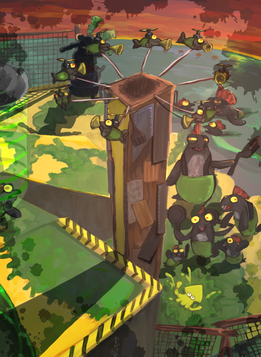 animal black_eyes bulging_eyes chum_(splatoon) clothed_animal cohock_(splatoon) colored_sclera ebifurai_kakigwa fence fish fish_stick_(splatoon) frying_pan green_overalls green_pants half-closed_eyes highres holding holding_frying_pan in-universe_location inkling mohawk nintendo open_mouth overalls pants propeller_hat red_eyes red_hair salmon_run_(splatoon) short_hair slammin&#039;_lid_(splatoon) smallfry_(splatoon) splatoon_(series) splatoon_3 squid stinger_(splatoon) teeth yellow_sclera