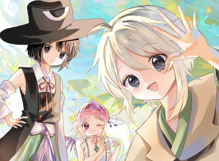 3others ;3 ahoge androgynous ascot bare_shoulders black_coat black_eyes black_hair black_hat black_kimono blue_sky brown_ascot brown_coat child closed_mouth coat collared_coat collared_shirt commentary cowboy_shot day detached_sleeves dress enraku_tsubakura eye_of_senri eyelashes frilled_dress frills ghost ghost_(len&#039;en) green_hakama grey_hair hakama hakama_skirt hand_on_own_hip hand_up happy hat highres houlen_yabusame japanese_clothes jinbei_(clothes) jitome kimono lapels layered_sleeves len&#039;en light_blush light_smile long_sleeves multiple_others nagi_0sa0 neck_ribbon notched_lapels one-eyed one_eye_closed open_mouth other_focus outdoors pink_eyes pink_hair puffy_short_sleeves puffy_sleeves red_ribbon ribbon ribbon-trimmed_coat ribbon_trim shion_(len&#039;en) shirt short_hair short_hair_with_long_locks short_over_long_sleeves short_sleeves skirt sky sleeveless sleeveless_coat sleeveless_dress sleeveless_shirt smile standing symbol-only_commentary tareme top_hat triangular_headpiece upper_body waving white_dress white_shirt white_sleeves wide_sleeves