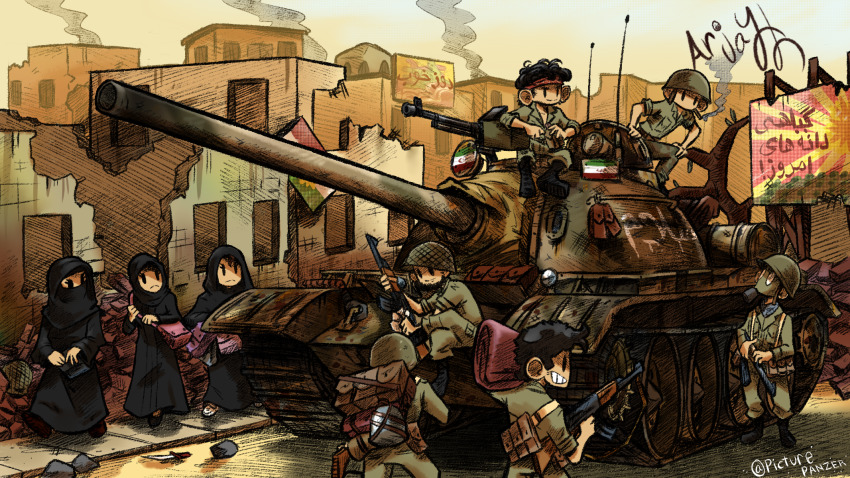 3girls 6+boys ammunition_pouch arabic_text arjay-the-lionheart artist_name assault_rifle bag battle beard billboard black_dress black_eyes black_facial_hair black_footwear black_hair black_hijab black_veil boots bottle brown_bag brown_footwear building canteen carrying carrying_bag caterpillar_tracks cold_war combat_boots combat_helmet commentary day destruction dress english_commentary facial_hair frown gas_mask grey_headwear grey_pants grey_shirt gun hand_on_own_knee handbag headband helmet highres hijab historical_event holding holding_bottle holding_gun holding_weapon iran iran-iraq_war iranian_army iranian_flag iraq kalashnikov_rifle load_bearing_equipment long_sleeves looking_at_another machine_gun mask military military_uniform military_vehicle motor_vehicle mouth_mask multiple_boys multiple_girls niqab open_collar original pants persian_text pink_bag pouch red_headband rifle road rubble ruins shirt short_hair shoulder_carry sidewalk sign signature sitting sleeves_rolled_up smoke smoking soldier standing t-55 tank toon_(style) urban vehicle_focus veil walking_away war weapon