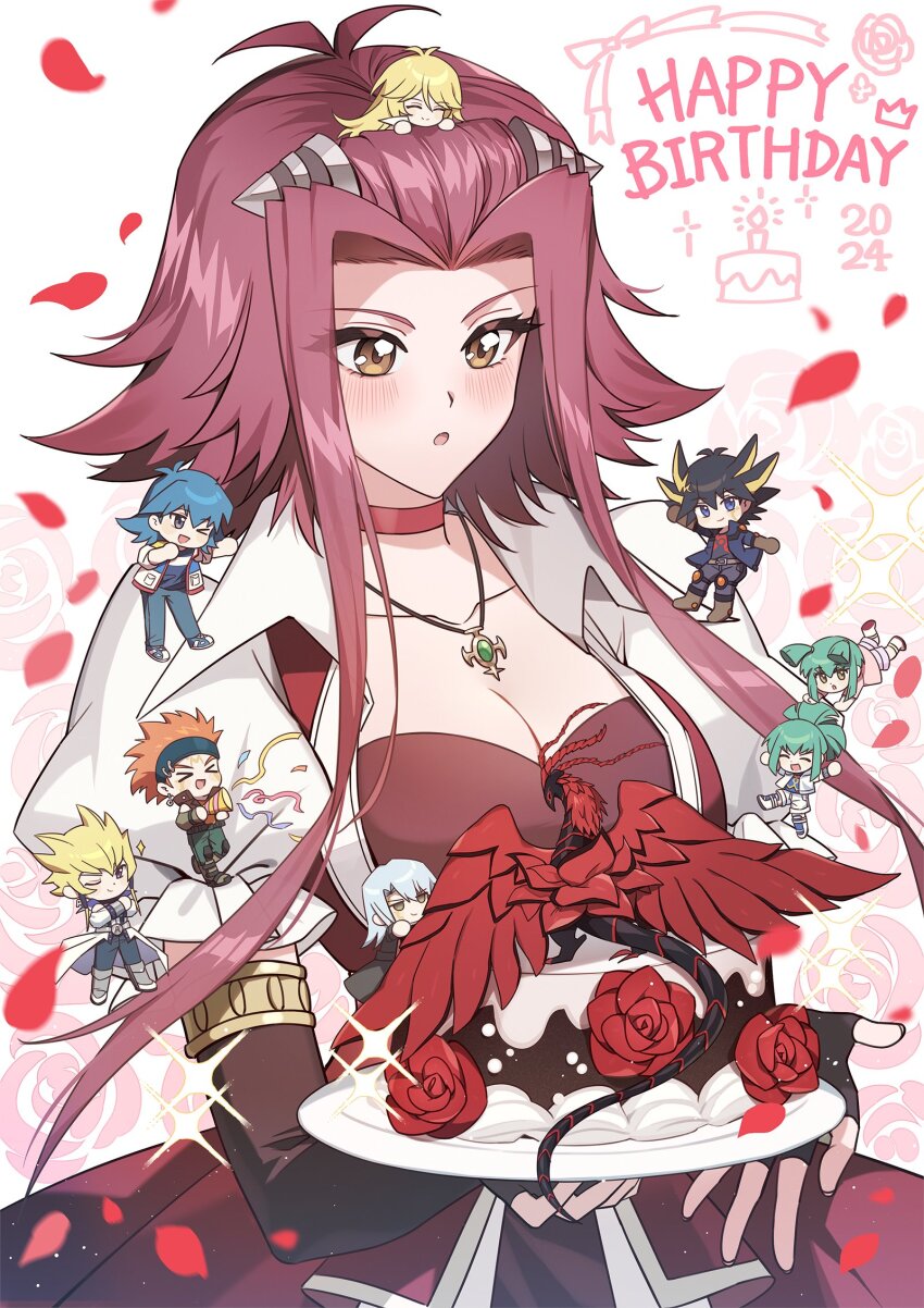 &gt;_&lt; 3girls 6+boys black_rose_dragon blush breasts brown_eyes bruno_(yu-gi-oh!) cake chibi cleavage crow_hogan dragon dress ed_(edus909) food fudo_yusei happy_birthday highres holding holding_plate izayoi_aki jack_atlas kiryu_kyosuke large_breasts lua_(yu-gi-oh!) luca_(yu-gi-oh!) medium_hair mini_person multiple_boys multiple_girls one_eye_closed plate red_dress red_hair red_petals sherry_leblanc yu-gi-oh! yu-gi-oh!_5d&#039;s