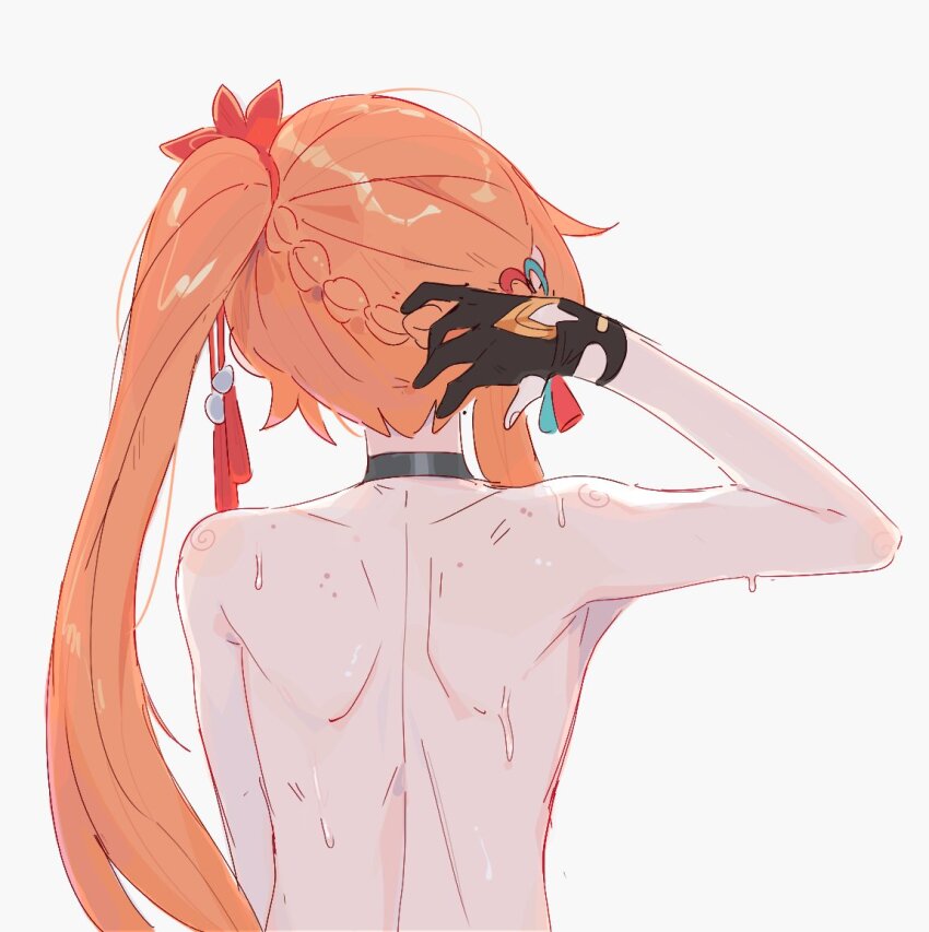 1girl black_gloves commentary english_commentary from_behind gloves grey_background guinaifen_(honkai:_star_rail) honkai:_star_rail honkai_(series) long_hair nude orange_hair side_ponytail simple_background solo sweat unfamousradish upper_body very_long_hair