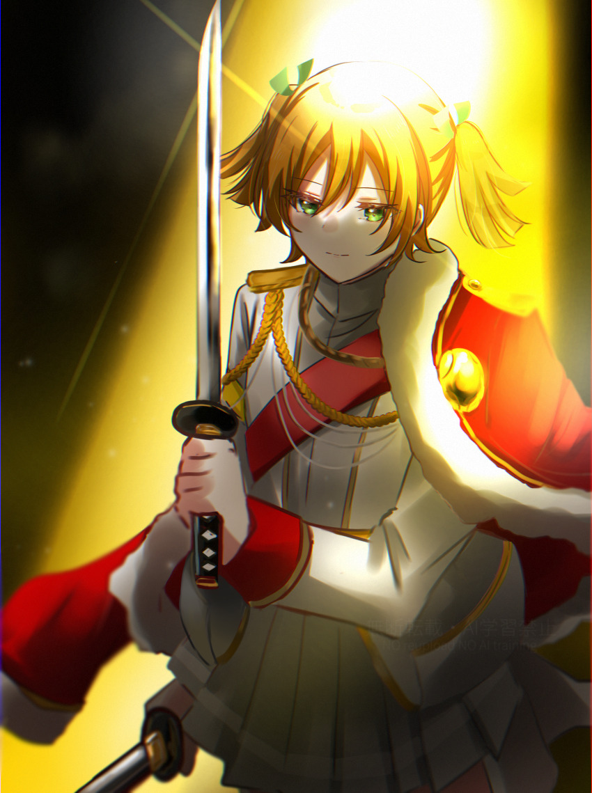 1girl absurdres aiguillette arm_at_side asahi_rise black_background blonde_hair chromatic_aberration closed_mouth commentary_request cowboy_shot daiba_nana dual_wielding epaulettes fur-trimmed_jacket fur_trim glint green_eyes green_ribbon grey_skirt hair_between_eyes hair_ribbon hand_up highres holding holding_sword holding_weapon jacket jacket_on_shoulders katana light_smile long_sleeves looking_ahead miniskirt pleated_skirt red_jacket red_sash ribbon sash short_hair short_twintails shoujo_kageki_revue_starlight shoulder_sash single_stripe skirt solo spotlight standing sword twintails weapon white_jacket
