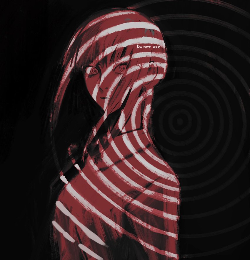 1girl @_@ black_background braid braided_ponytail chainsaw_man closed_mouth collared_shirt expressionless female_focus highres hypnosis kamo_(kamonegioisi) long_hair looking_at_viewer makima_(chainsaw_man) mind_control necktie shirt simple_background solo spiral upper_body