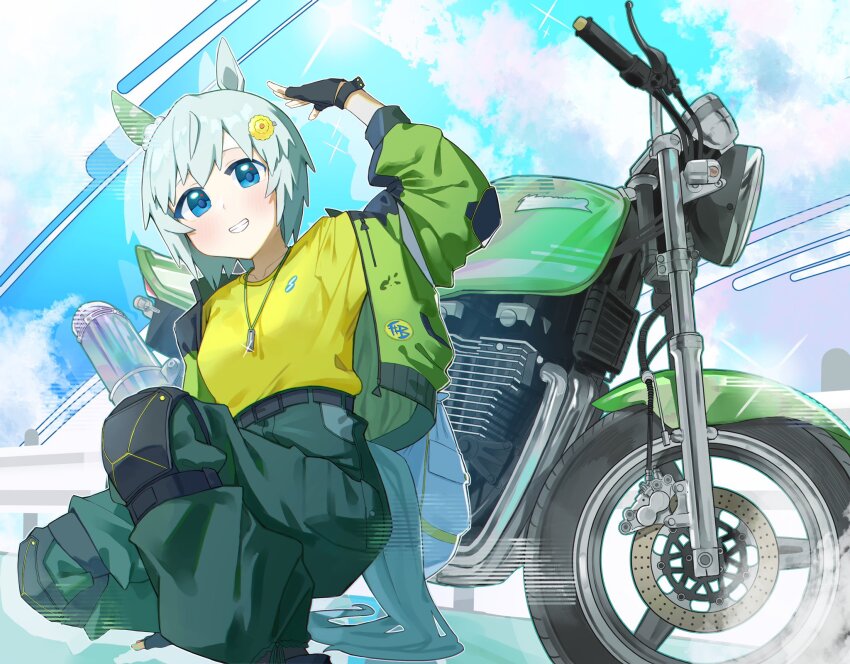 1girl alternate_costume animal_ears arm_up black_gloves blue_eyes blue_hair collarbone commentary ear_covers english_commentary fingerless_gloves gloves green_jacket green_pants grin highres horse_ears horse_girl horse_tail jacket jewelry long_sleeves looking_at_viewer motor_vehicle motorcycle necklace open_clothes open_jacket pants seiun_sky_(umamusume) shirt short_hair single_ear_cover smile solo squatting tail tetra_(ktet4_illu) umamusume yellow_shirt