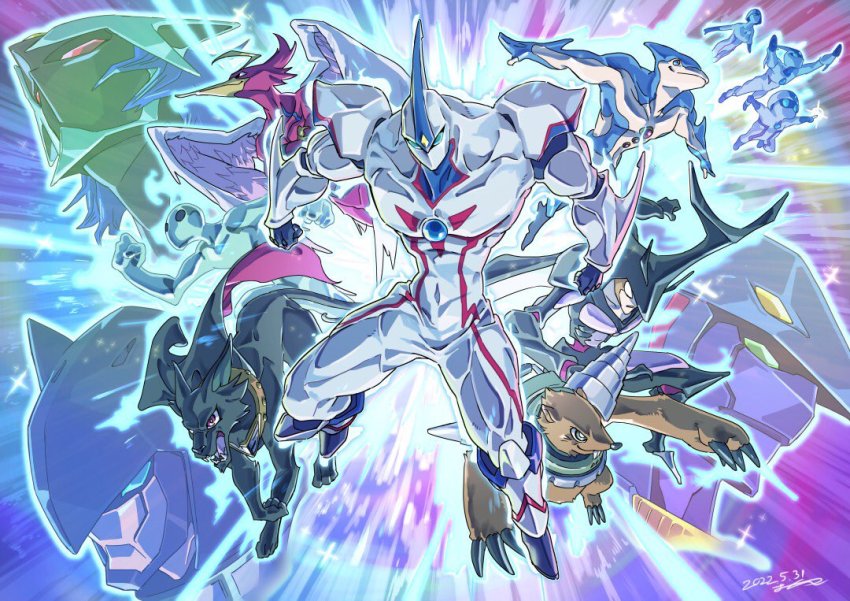 6+boys alien aqua_eyes beak bug cape claws commentary dated duel_monster elemental_hero_chaos_neos elemental_hero_magma_neos elemental_hero_neos elemental_hero_neos_alius elemental_hero_storm_neos feathered_wings glowing green_eyes horns multiple_boys neo-spacian_air_hummingbird neo-spacian_aqua_dolphin neo-spacian_dark_panther neo-spacian_flare_scarab neo-spacian_glow_moss neo-spacian_grand_mole neo_space_connector neo_space_pathfinder no_humans no_mouth ontama open_mouth red_eyes sharp_teeth smile teeth wings yellow_eyes yu-gi-oh! yu-gi-oh!_gx