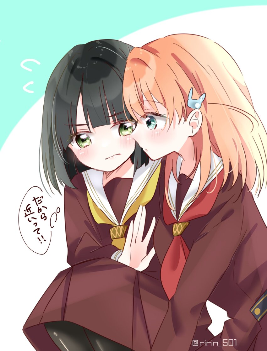 2girls absurdres black_hair blue_eyes blunt_bangs blunt_ends blush bob_cut brown_dress cerise_bouquet closed_mouth commentary dress eye_contact feet_out_of_frame flying_sweatdrops frown green_eyes hair_ornament hasu_no_sora_school_uniform highres hinoshita_kaho link!_like!_love_live! long_sleeves looking_at_another love_live! medium_dress momose_ginko multiple_girls neckerchief orange_hair pleated_dress profile rabbit_hair_ornament red_neckerchief ririn_(ririn_501) sailor_collar sailor_dress school_uniform short_hair simple_background speech_bubble squatting thought_bubble translation_request twitter_username two_side_up v-shaped_eyebrows virtual_youtuber white_background white_sailor_collar winter_uniform yellow_neckerchief yuri