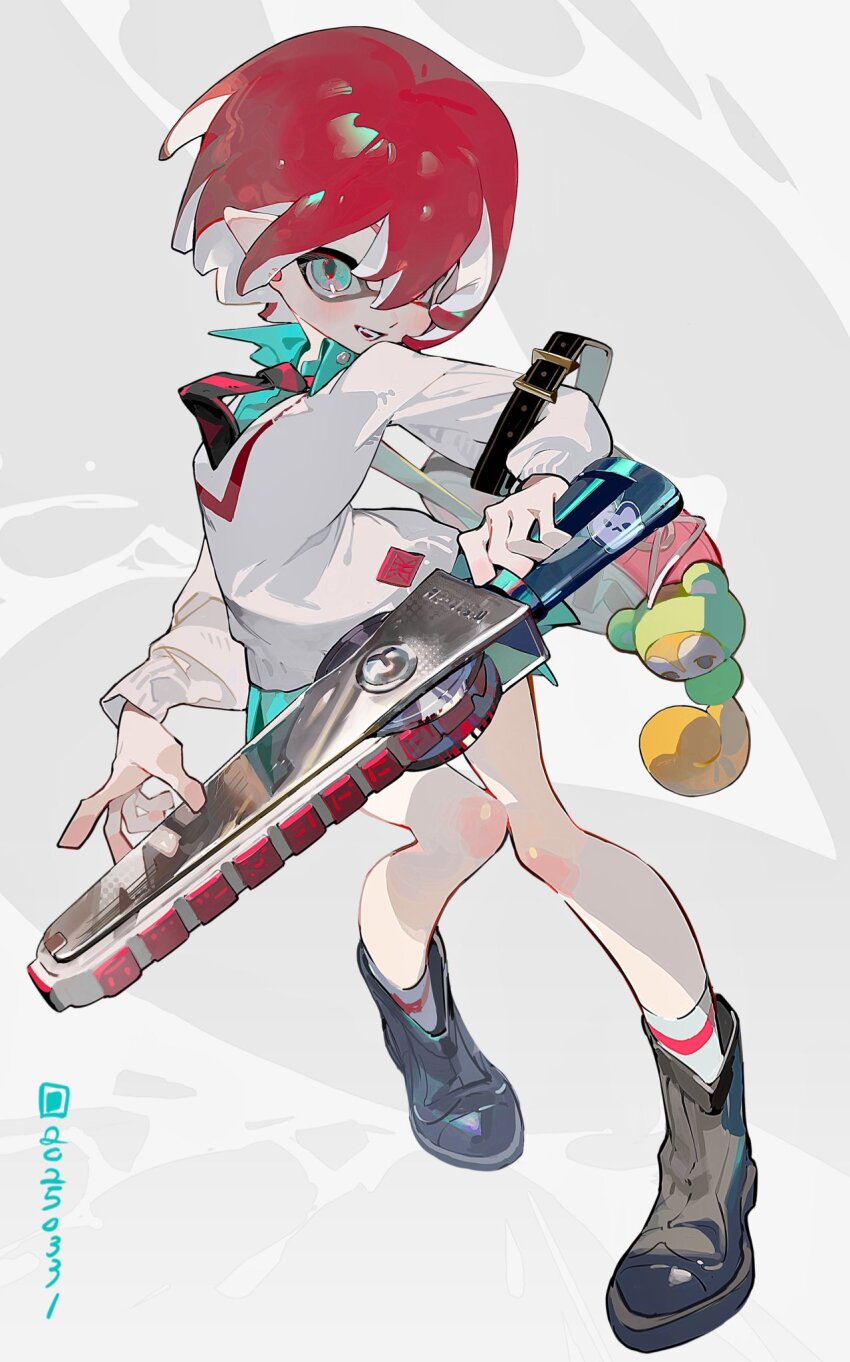 1girl alternate_species amate_yuzuriha black_necktie blue_eyes blue_shirt blue_skirt boots brown_boots cardigan collared_shirt commentary full_body gundam gundam_gquuuuuux hair_between_eyes highres holding holding_weapon inkling long_sleeves looking_at_viewer necktie nintendo open_mouth pointy_ears red_hair red_necktie shirt short_hair skirt smile socks solo splatana_stamper_(splatoon) splatoon_(series) splatoon_3 standing standing_on_one_leg striped_necktie suzumi_(ccroquette) symbol-only_commentary tentacle_hair two-tone_necktie weapon white_cardigan white_socks