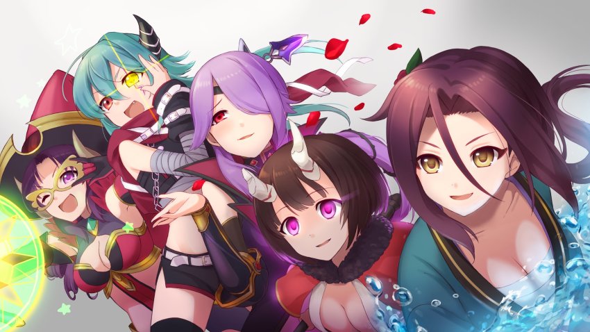 5girls anna_(princess_connect!) breasts demon_girl demon_tail eriko_(princess_connect!) highres japanese_clothes kaiba_tomoyuki kimono large_breasts long_hair mitsuki_(princess_connect!) multicolored_eyes multiple_girls nanaka_(princess_connect!) open_mouth princess_connect! ruka_(princess_connect!) short_hair tail