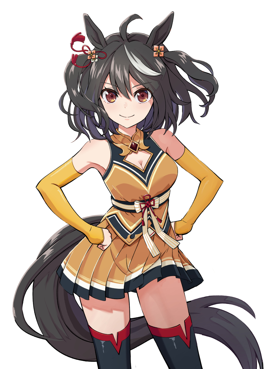 1girl absurdres adapted_costume ahoge animal_ears breasts brown_eyes cleavage detached_sleeves hair_ornament highres horse_ears horse_girl horse_tail kitasan_black_(umamusume) medium_breasts medium_hair oxymoron_0213 simple_background sleeveless smile solo tail thighhighs umamusume white_background