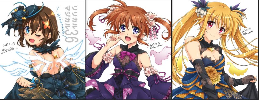 3girls bardiche_(nanoha) bare_back bare_shoulders blonde_hair blue_eyes blush breasts brown_hair cleavage closed_mouth dated dress fate_testarossa hair_ornament hair_scrunchie highres long_hair looking_at_viewer looking_back lyrical_nanoha lyrical_store mahou_shoujo_lyrical_nanoha mahou_shoujo_lyrical_nanoha_a&#039;s multiple_girls one_eye_closed open_mouth red_eyes san-pon scrunchie short_hair shoulder_blades signature simple_background small_breasts smile star_(symbol) star_hair_ornament takamachi_nanoha twintails upper_body white_background yagami_hayate