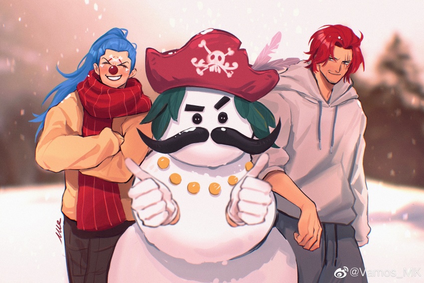 2boys absurdres blue_hair blurry blurry_background buggy_the_clown closed_eyes clown_nose crossed_arms drawstring facepaint facial_hair gol_d._roger grey_hoodie grey_pants grin handlebar_mustache hat highres hood hood_down hoodie male_focus multiple_boys mustache one_piece outdoors pants pirate_hat red_hat red_scarf scar scar_across_eye scar_on_face scarf shanks_(one_piece) smile snowing vamos_mk winter
